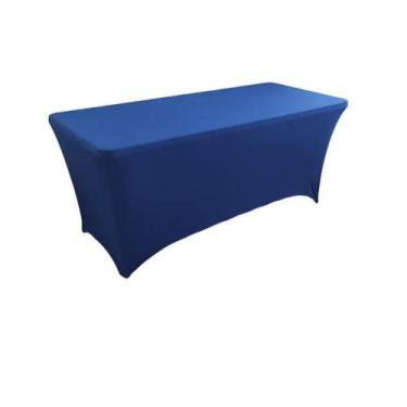 Imagem de Toalha de mesa de elastano opcional de 4 pés, 5 pés, 6 pés e 8 pés, alta elasticidade, capa de mesa de casamento, hotel, aniversário, toalha de mesa dobrável para coquetel, azul, 4 pés (121 x 75 x 7