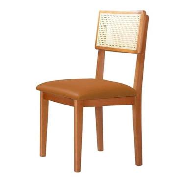 Imagem de Cadeira de Jantar Estofada de Madeira com Encosto em Rattan - Holanda (Couro Marrom)