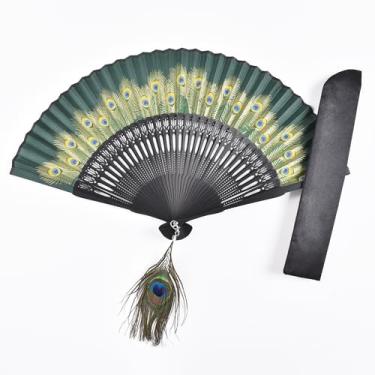 Imagem de HONSHEN Pequena ventoinha dobrável decorativa presente para mulheres 8,27" (21 cm) com moldura de bambu e seda com uma manga de tecido para proteção, Green Peacock Hand Fan