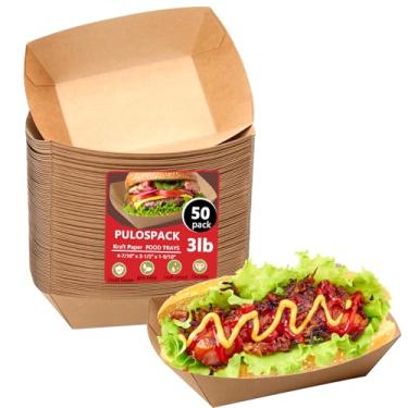 Imagem de Pacote com 50 bandejas descartáveis de 1,4 kg para comida de papel Kraft à prova de vazamento, bandejas descartáveis de nacho, para batatas fritas, cachorros-quentes, pipoca, lanches, churrasco, festa