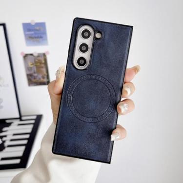 Imagem de HJZSZX Capa de celular magnética de couro com carregamento sem fio para Samsung Galaxy Z Fold6, cor sólida, à prova de choque, capa traseira (para Samsung Galaxy Z Fold6/azul)