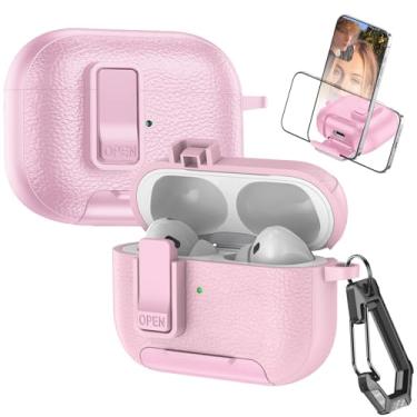 Imagem de Fofvccv Capa de couro para AirPods Pro 2ª/1ª trava com mosquetão, suporta carregamento sem fio com suporte, capa de proteção robusta para AirPods Pro 2, PWJ rosa
