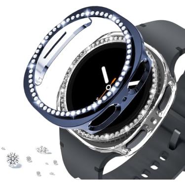 Imagem de DEALELE [Pacote com 2 capas compatíveis com Samsung Galaxy Watch 8 de 44 mm, capa protetora de PC de diamante de linha única brilhante para reposição (44 mm, azul + transparente)