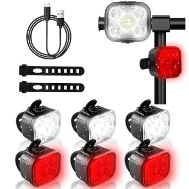 Imagem de KunHe Pacote com 4 luzes de bicicleta para andar à noite, recarregáveis, USB, luzes dianteiras e traseiras, 8 + 12 modos, conjunto de luzes de bicicleta, farol e lanterna traseira, fácil de instalar