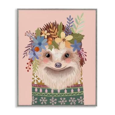 Imagem de Stupell Industries Ouriço folclórico com flores cinza emoldurado giclée design de arte por Mia Charro, 20 x 16