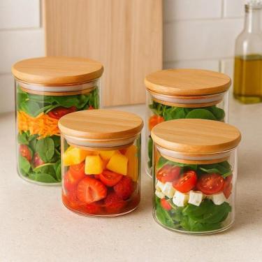 Imagem de Kit Pote De Vidro Com Tampa De Bambu 500ml Hermético Multiuso Overnigh