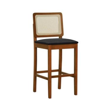 Imagem de Banqueta Alta Bistrô Lyon Madeira Maciça Telinha Natural - Amêndoa - Assento Estofado Linho Preto Textura