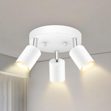 Imagem de Teto de 3 luminárias de trilho de luz, holofote direcional redondo branco fosco, luminária de trilho de montagem embutida GU10, luzes de LED modernas ajustáveis para cozinha/sala de estar, lâmpada não
