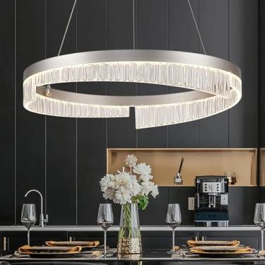 Imagem de Sparklelf Lustre de LED moderno, 1 anel de lustre de 60 cm, luz pendente de LED regulável com controle remoto, lustre circular prateado para sala de estar, quarto, sala de jantar