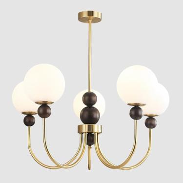 Imagem de BOKT Lustre de vidro moderno pingente de globo vintage dourado madeira 5 luzes montagem semi embutida luminária de teto cozinha ilha lustres Sputnik para sala de estar, sala de jantar, restaurante
