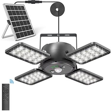 Imagem de Luz pendente solar para ambientes internos e externos 1200LM 144 LED, sensor de movimento com 5 modos de iluminação e controle remoto, 4 folhas, luzes ajustáveis de 120° para garagem, quintal