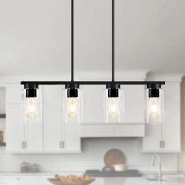 Imagem de Luzes de ilha para cozinha, 4 luzes pretas modernas de sala de jantar lustres Farmhosue para sala de jantar sobre mesa, luminária pendente linear de ilha de cozinha com sombra de vidro transparente