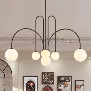 Imagem de CATINER Sputnik Lustre marrom, 6 luzes grande moderno lustre L101 cm de comprimento de meio século luminária pendente de teto para sala de jantar com globo de vidro de leite para teto alto sala de