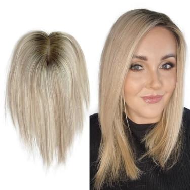 Imagem de FQNing Touca de cabelo humano Remy Real Estilo Balayage Liso Cobertura da Coroa Cobertura Base de Seda 12 cm x 14 cm para Queda de Cabelo (25 cm, Loiro Platinum T22/9 com luzes baixas de nível 8/9 e