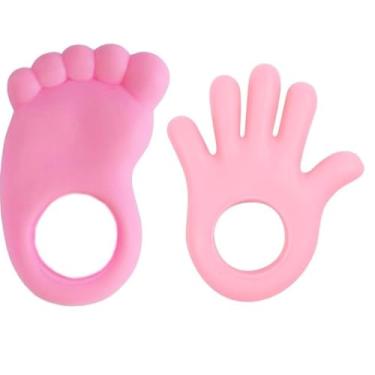 Imagem de Kit 2 Mordedores Mãozinha + Pezinho com Furo – Alívio para Dentição do Bebê | Vinil Macio, BPA Free ROSA