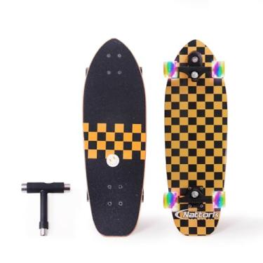 Imagem de Nattork Skates completos 73,7 cm x 22,9 cm crianças meninos skate cruiser skates para iniciantes, deck duplo, meninas côncavas, skate com madeira de bordo (xadrez dourado)
