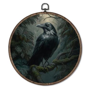 Imagem de Giosve Dark Academia Moody Raven Round Wall Art Canvas Framed Poster, Dark Cottagecore Gothic Forest Black Crow Hanging Wall Sculptures for Home Bedroom Living Room, 25 x 25 cm