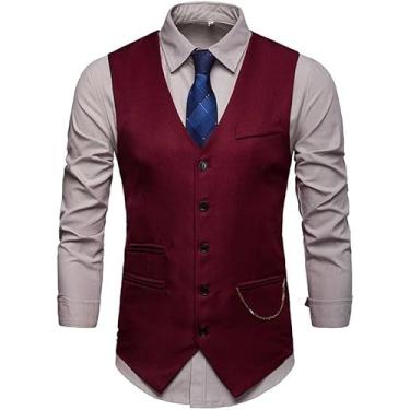 Imagem de Colete Formal Masculino - Homens Colete De Terno Com Decote V Moda Estilo Britânico Colete Slim Masculino Formal Negócios Sem Mangas Colete Colete Vintage De Peito Único, Wine, L