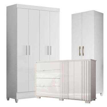 Imagem de Guarda Roupa Infantil Madri Com Cômoda Texas E Armário Multiuso New íris Branco Brilho – Moval