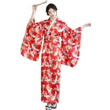 Imagem de EXPOING Kimonos for Women Japanese costumes with Belt Elegant Long Sleeve Traditional Style Dresses Geisha Yukata Cosplay (Crane Red, One Size)