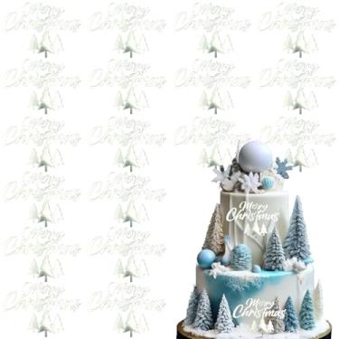 Imagem de 18 peças de topo de bolo de feliz Natal espelho acrílico enfeite de cupcake gravado decorações de bolo lateral de Natal para festa de inverno sobremesa DIY suprimentos de decoração (prata)