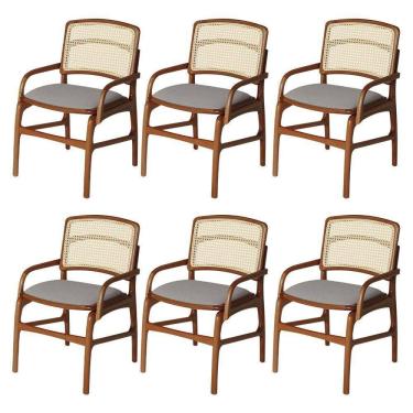 Imagem de Jogo 6 Cadeiras Para Jantar Florença Em Madeira Jequitibá Terra Braço Encosto Palha Linho Cinza