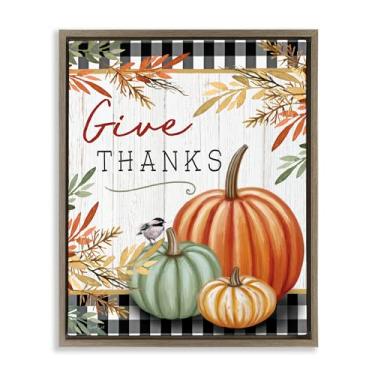 Imagem de Stupell Industries Give Thanks Gingham & Pumpkins arte de parede em tela flutuante marrom emoldurada, design por Elizabeth Tyndall, 53 x 43