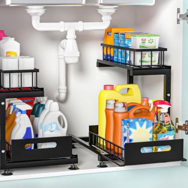 Imagem de Organizador embaixo da pia, gaveta de armário removível de 2 camadas com altura ajustável de 35 a 43 cm, prateleira de cesta deslizante de metal resistente