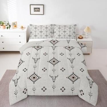 Imagem de Erosebridal Conjunto de edredom asteca ocidental, tamanho casal, boêmio, fazenda, para crianças, meninos, adolescentes, étnico, sudoeste, touro, caveira, vaca, nativo americano, sudoeste, para