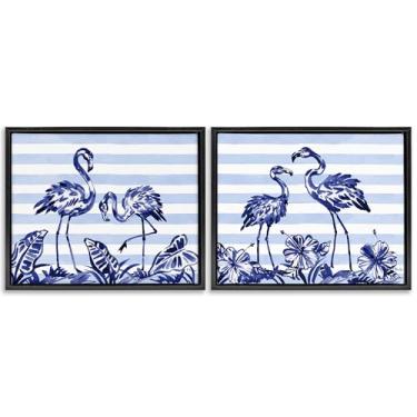 Imagem de Stupell Industries Conjunto de tela flutuante com moldura preta, flamingos e listras, pincelada, design de Paul Brent, 63 x 78 cm