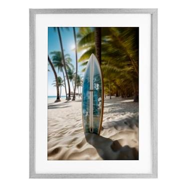 Imagem de Stupell Industries Blue Surfboard Coastal Blur Gray Impressão emoldurada sob vidro, design por LSR Design Studio, 23 x 17