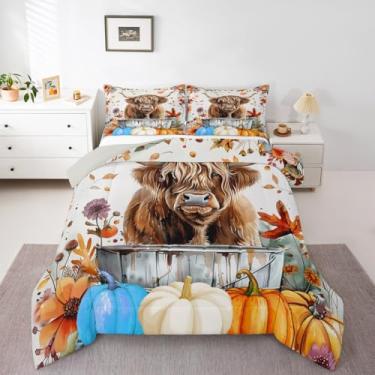 Imagem de Erosebridal Jogo de cama de vaca Fall Highland com estampa de vaca alta, colheita de outono, para crianças, meninos, meninas, rústico, casa de fazenda, animal de fazenda, edredom de plumas, folhas de