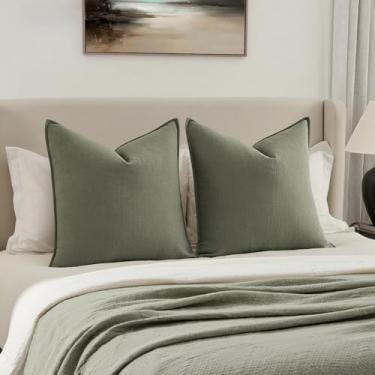 Imagem de MIULEE Capas de almofada decorativas Euro Sham 66 x 66, pacote com 2 almofadas grandes Boho Farmhouse Neutral para cama, capas de almofada de linho modernas com detalhes macios para sofá, sala de