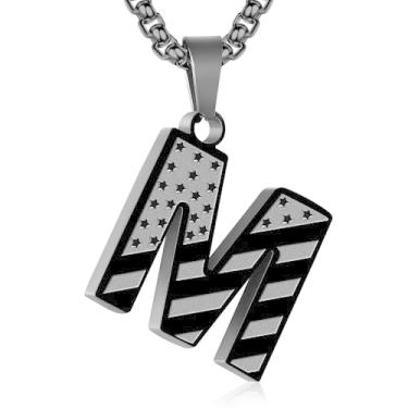 Imagem de Zocomi Colar com pingente de inicial da bandeira americana para homens e meninos, corrente de aço inoxidável 316L A-Z caixa de letras 50 + 5 cm joias presentes, Aço inoxidável, Sem Pedra Preciosa