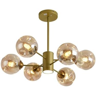 Imagem de Lustre de vidro Sputnik dourado de 10 luzes para foyer, vidro âmbar, moderno, de meados do século, luminária pendente industrial de LED para cozinha, ilha, quarto, mesa de jantar, sala de es