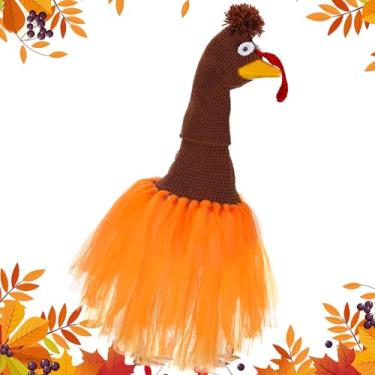 Imagem de Eccliy Conjunto de roupa de ganso de peru de ação de graças, marrom, crochê com saia de tule laranja para cimento 58 cm H estátua engraçada de ganso para o dia de Ação de Graças, ao ar livre, jardim