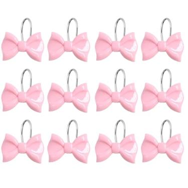Imagem de YOINIUEM Conjunto de 12 ganchos de cortina de chuveiro de laço rosa, lindos anéis de cortina de resina para decoração de banheiro de meninas, gancho decorativo para crianças, convidados ou banheiros