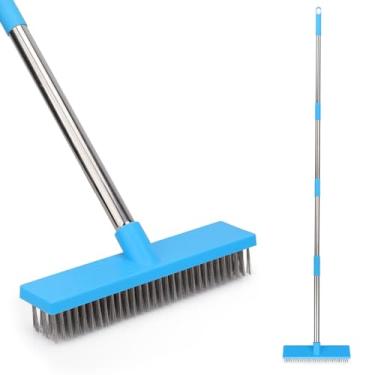 Imagem de Vassoura de arame resistente com cabo telescópico de 178 cm: vassoura externa de aço inoxidável para limpeza de musgo, pisos de concreto, argamassa, jardins, pátio, deck de garagem de concreto