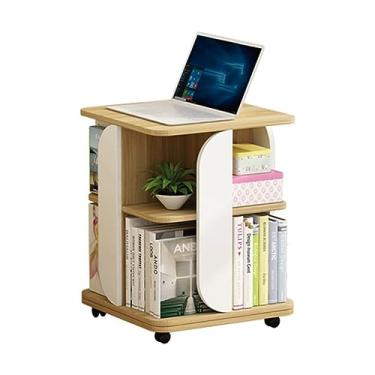 Imagem de AKALNNB Estante de livros confiável, 2 camadas, estante rotativa de 360°, estante moderna sobre rodas, suporte de chão com exibição de 360°, estante para quarto seguro e estável