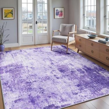Imagem de RELEANY Tapetes laváveis 1,2 m x 1,8 m, antiderrapante, moderno, abstrato, macio para sala de estar, entrada, quarto, berçário, estampa impressa, roxo, cinza, rosa, branco