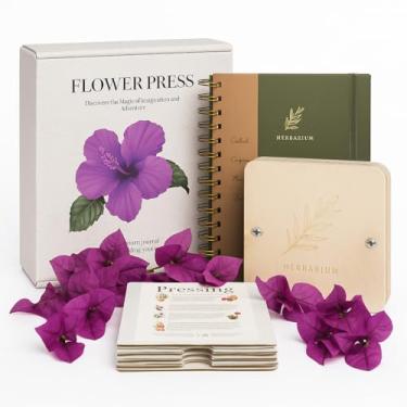 Imagem de WOKK Kit de prensa de flores de madeira com diário de herbário - conjunto de artes e artesanato DIY para adultos e crianças - incluindo instruções e diário para armazenar plantas prensadas - ótimo