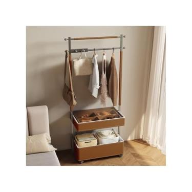 Imagem de Cabide de pé cabide para casacos e chapéus, cabide móvel para quarto, de aço inoxidável, de couro, mesa de cabeceira, cabide integrado com armazenamento, estante organizador (laranja)