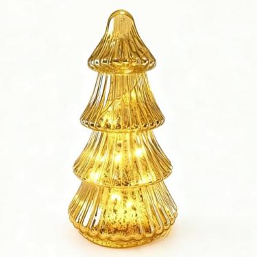 Imagem de Árvores de Natal de vidro mercúrio com luzes LED e temporizador, 21 cm de vidro dourado e vermelho, mesa de centro de mesa para decoração de casa de férias (ouro A)