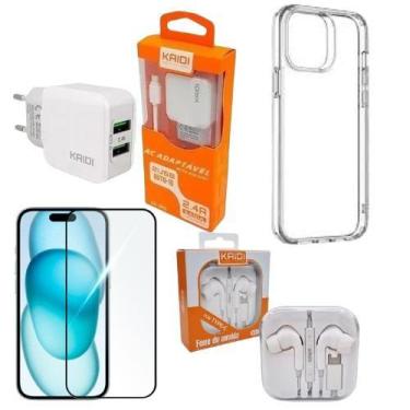 Imagem de Kit Completo Fone, Capa, Película, Carregador para Celular variedade d