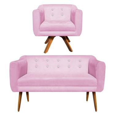 Imagem de Kit 01 Namoradeira 02 Lugares e 01 Poltrona Giratória Julia Suede Rosa Bebê com Strass Base Madeira MM30 D'Rossi