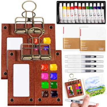 Imagem de Mini conjunto de tintas de aquarela portátil, mini conjunto de paleta de aquarela de viagem com 2 paletas de madeira de 8 grades, 12 cores, 2 livros de esboço e 4 pincéis, clipe de cobre e caderno de