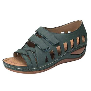 Imagem de Bigfanshu Sandálias femininas de verão 2020 com plataforma de couro macio gladiador sapatos de salto alto, Verde escuro, 6.5 Wide