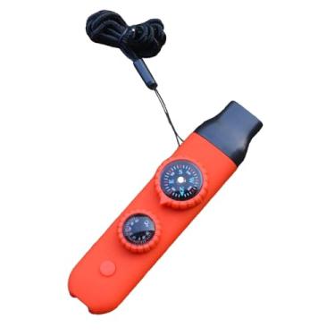 Imagem de UGPLM Apito de sobrevivência para acampamento 7 em 1, espelho refletor com cordão, lupa, medidor de temperatura para passeios de barco, pesca, caça e, Vermelho