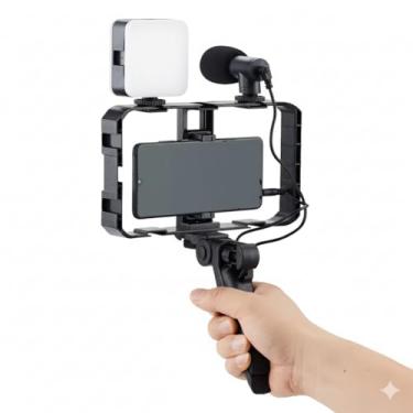 Imagem de Suporte Estabilizador de Mão para Live e Vlog – Gaiola de Coelho com Tripé e 1 LED, Compatível com Celulares e Câmeras