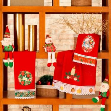Imagem de Kit de Panos de Copa Bordado Felpudo Natalino 03 Peças - Decoração Natal Guardanapo de Prato 100% Algodão Alvejado (Noel Vermelho)